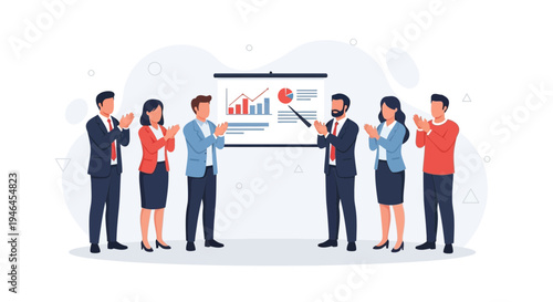 Business meeting success: colleagues applaud presenter during financial report presentation