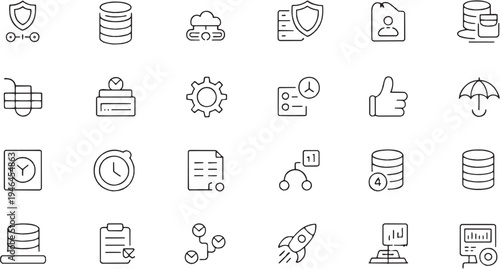 Data security and cloud storage icon set. Contain icons related to database, cloud storage, shield protection, secure files, server system, digital safety and more. Editable stroke. Vector Illustratio