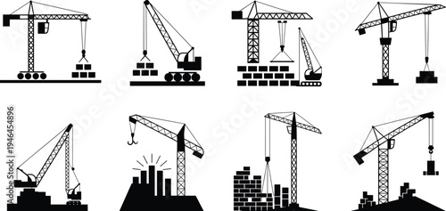 Construction crane silhouettes with tower, mobile, crawler designs lifting building materials in urban cityscape vector illustration for heavy equipment infrastructure concepts