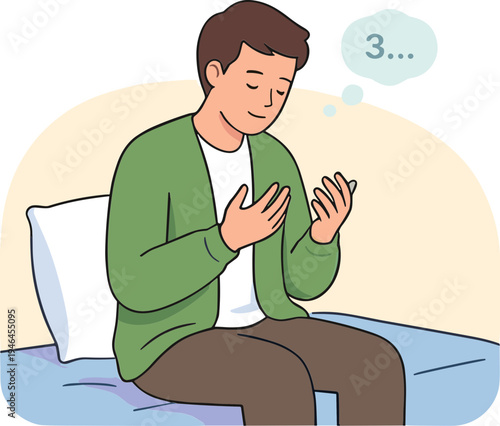 Man sitting on bed with worried expression and hands up