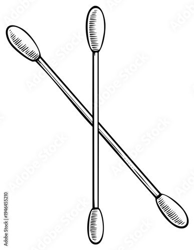 Crossed cotton swabs illustration, hygiene essentials sketch in black and white