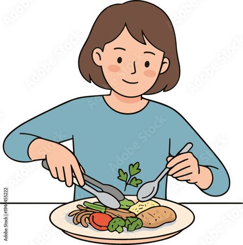 A woman is eating a meal with various food on her plate indoors.