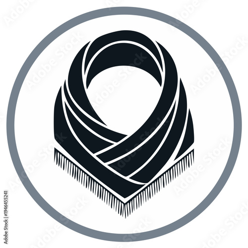 Stylized black scarf with fringe worn around neck creating a circular shape in a grey outlined circle