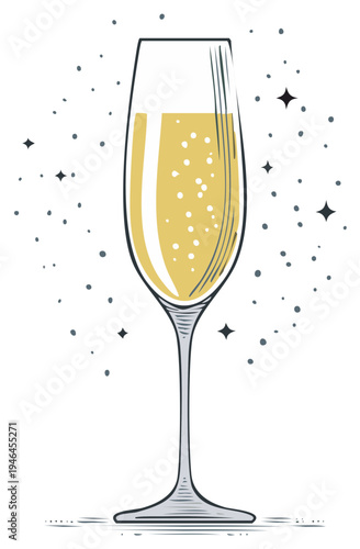Illustration of a celebratory golden champagne flute with effervescent bubbles and twinkling stars