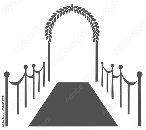 Elegant archway with red carpet and stanchions for VIP event or wedding ceremony