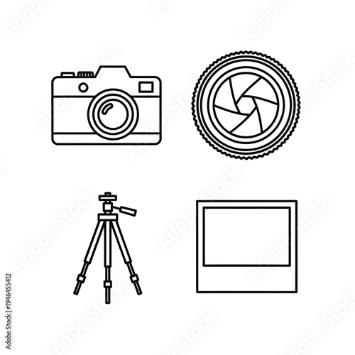 Clean, minimalistic line art icons of a vintage camera, camera aperture, tripod, and blank photo frame, representing photography equipment and the creative process.