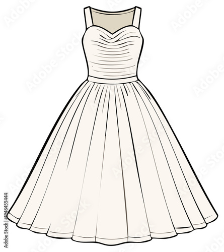Elegant A-line Dress with Pleated Bodice and Full Skirt Illustration, Classic Feminine Style
