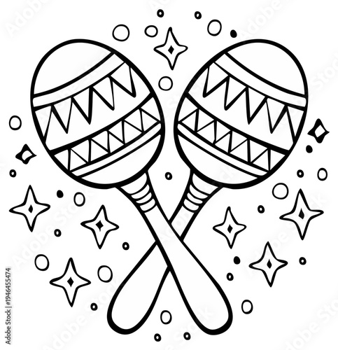 Crossed Maracas with Decorative Patterns and Sparkling Stars