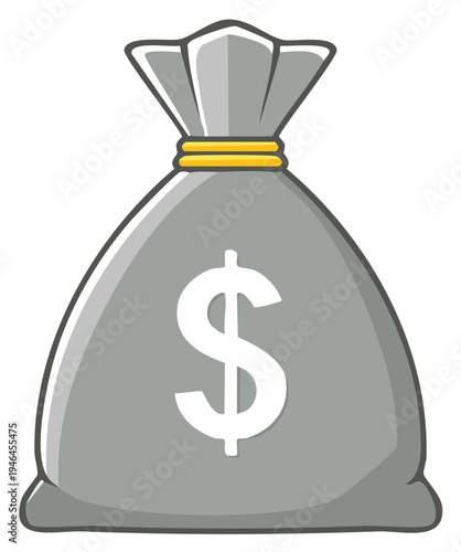 A cartoon drawing of a gray money bag with a dollar sign and a yellow tie