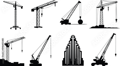 Construction crane silhouettes with tower, mobile, crawler designs and skyscraper building vector illustration for heavy equipment, infrastructure, and engineering concepts