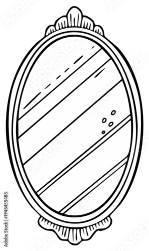 Elegant oval mirror line art with decorative frame, vintage style reflecting light with a clean, simple, hand-drawn sketch