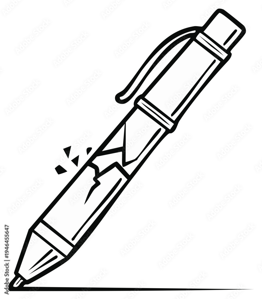 Fototapeta premium Broken Pen Cartoon Illustration, Ink Drawing, Damage, Failure Concept, Office Supplies
