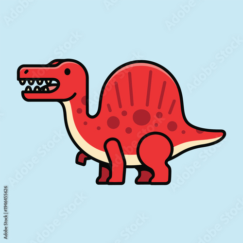 Adorable red Spinosaurus dinosaur with sail on its back, standing and roaring, with a playful, cartoonish artistic style against a solid light blue background.