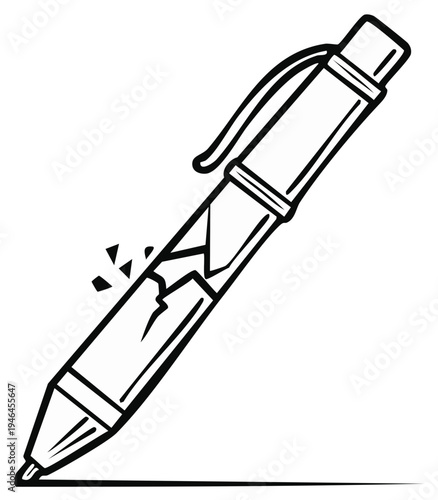 Broken Pen Cartoon Illustration, Ink Drawing, Damage, Failure Concept, Office Supplies