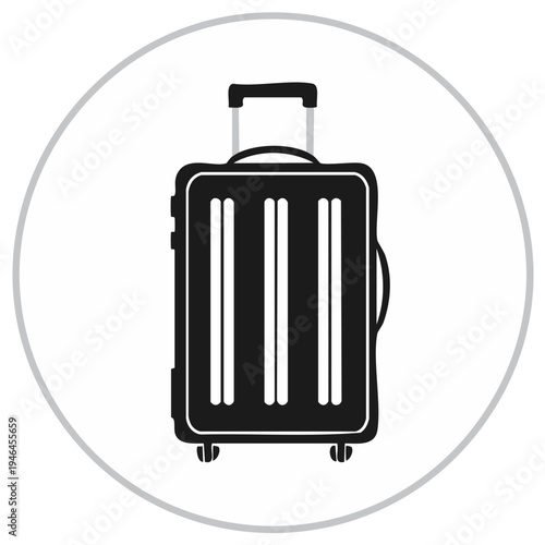 Modern wheeled suitcase icon featuring a retractable handle and ribbed exterior within a circular frame