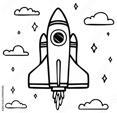 Whimsical cartoon rocket ship blasting off into a starry cloudy sky with playful sparks