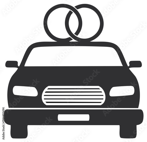 Monochrome graphic of a wedding car featuring interlocking rings on its roof for matrimony celebration
