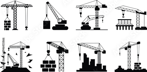 Construction crane silhouettes collection featuring tower, mobile, and crawler cranes lifting heavy materials, industrial equipment, engineering machinery, and construction site illustration