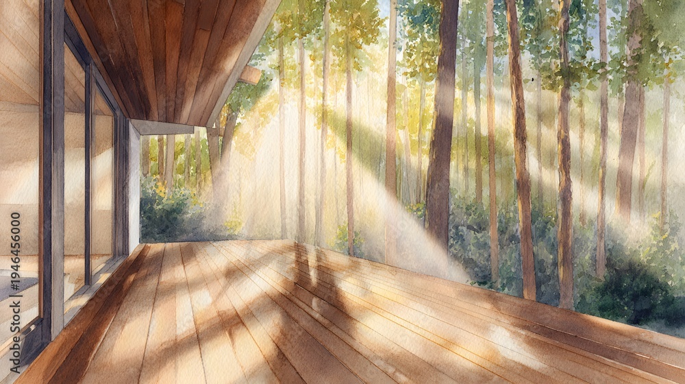 Obraz premium Serene modern home patio bathed in warm sunlight a tranquil nature scene illustration