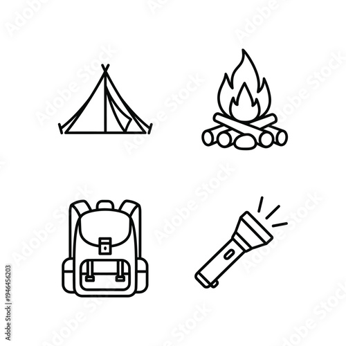 Clean line art vector icons of camping essentials a tent, campfire, backpack, and flashlight, perfect for outdoor adventure and travel themes.