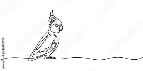 Cockatiel parrots. Cute Animal Concept. Minimalist Continuous Line Drawing Concept. Single line draw design, Elegant one line drawing of a cockatoo parrot perched on a branch, cockatoo parrots bird
