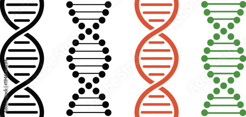 DNA Double Helix Vector Icons Set in Black Red and Green Colors Scientific Genetic Symbol Collection Molecular Biology Emblems Isolated Illustrations for Medicine Research Technology Education Design