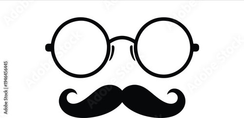 2026 Minimalist Black Vector Icon of Vintage Round Glasses and Handlebar Mustache on White Background