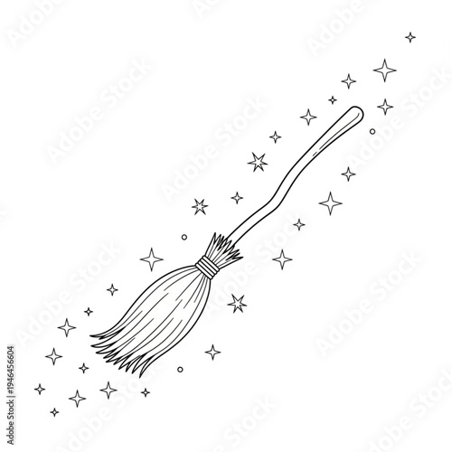 Magical Broomstick with Sparkling Stars Illustration.