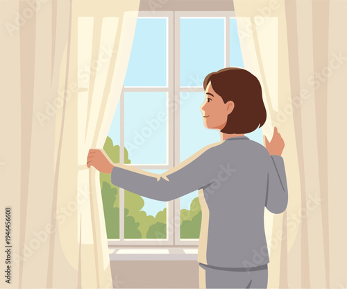 A woman opens curtains to reveal a sunny outdoor view from inside a room.