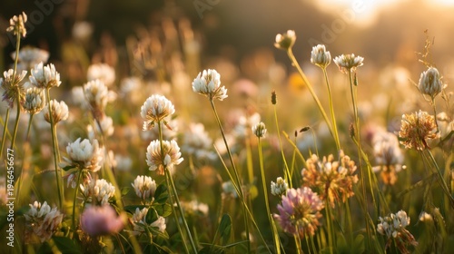 Close up of wildflowers illuminated by sunlight