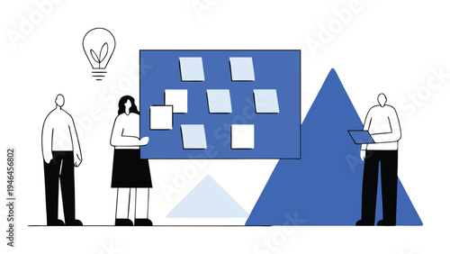 A group of diverse people sitting at a table with a woman standing in front of them next to a board with stickers abstract concept vector illustrations