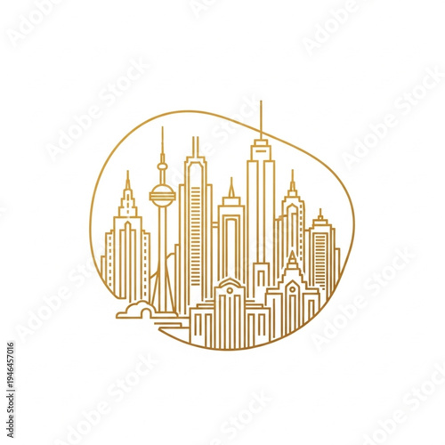 Golden City Skyline Illustration with Skyscrapers.