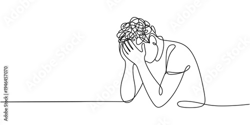 Continuous one line drawing of person with confused messy feelings worried about bad mental health. Work burnout and anxiety concept in simple linear style. Editable stroke. Vector illustration