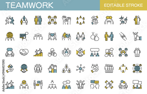 チームワークやビジネスに関するラインアイコンセット（線幅変更可能・カラー）