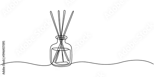 Minimalist line drawing of reed diffuser in glass bottle. Non editable stroke, Continuous one line drawing of Candle and Reed Diffuser Oil. Single line drawing illustration of Reed diffuser bottle.