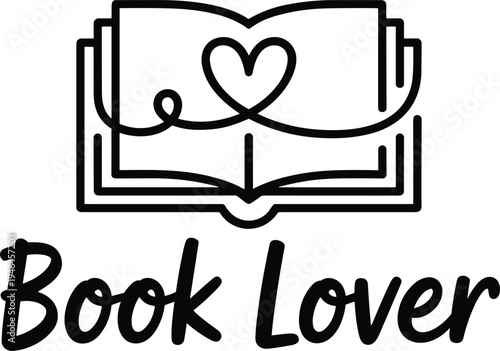 Open book with heart symbol and book lover text