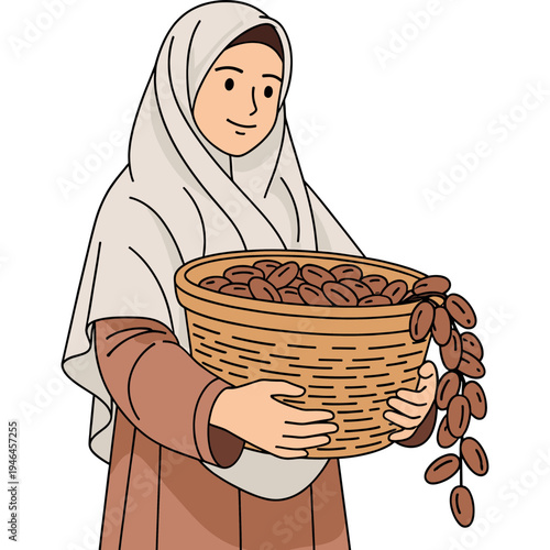 A woman wearing a headscarf holds a wicker basket filled with dates.