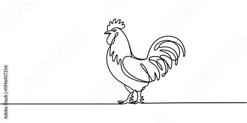 One continuous line illustration of an chicken, isolated on white background, Continuous one line drawing of a rooster standing upright, representing confidence and awakening, line art style vector