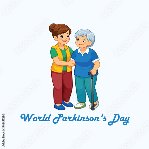 World Parkinson’s Day caregiver elderly person cane support compassion vector illustration for health awareness and inclusion campaign