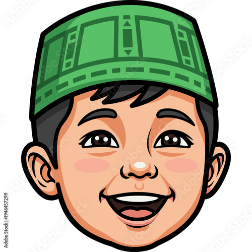 Smiling boy wearing traditional green hat and blush cheeks happily