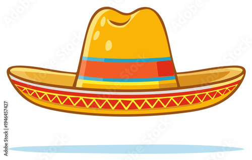 Vibrant yellow sombrero with colorful striped band and patterned brim festive Mexican hat