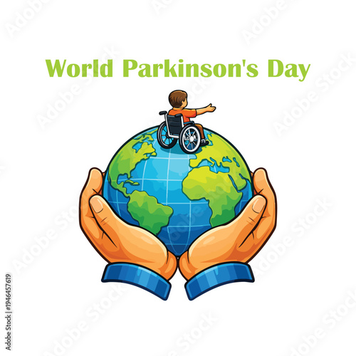World Parkinson’s Day globe hands wheelchair support awareness compassion vector illustration for health and inclusion campaign