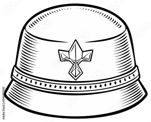 Black and white vector drawing of a uniform hat with a stylized emblem and decorative band