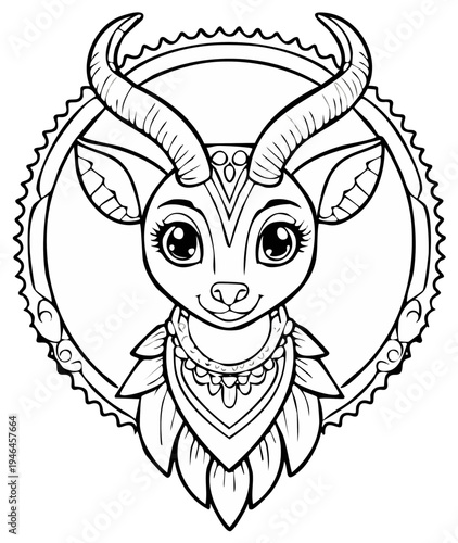 Cartoon gazelle with large eyes, wearing a jeweled necklace and floral collar, in a decorative circular frame