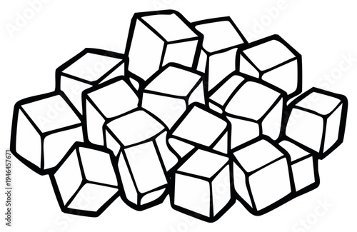 Pile of Sugar Cubes Hand Drawn Black and White Graphic Illustration Stack of Sweet Cuboid Portions