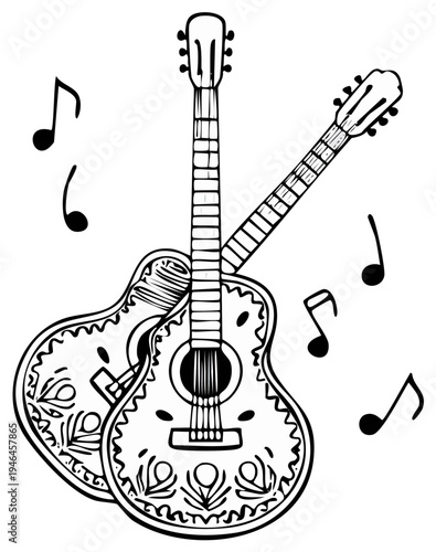 Hand Drawn Acoustic Guitars with Musical Notes Illustration
