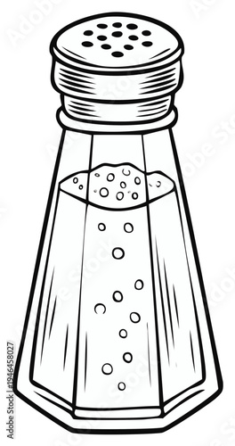Illustrated Salt Shaker: Hexagonal Glass Container with Perforated Metal Top for Seasoning
