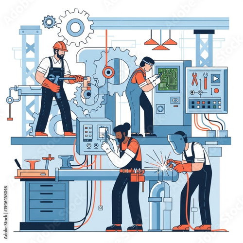 Industrial Workers in Factory Setting.