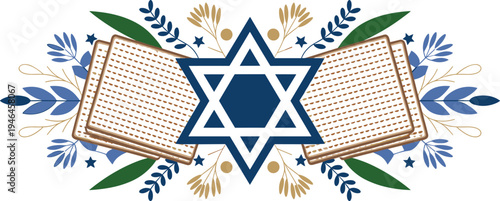 Open books framing a blue star of david with floral decorations