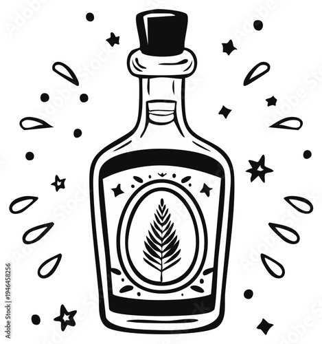 Potion Bottle with Tree Design and Stars for Witchcraft or Fantasy Themed Illustrations
